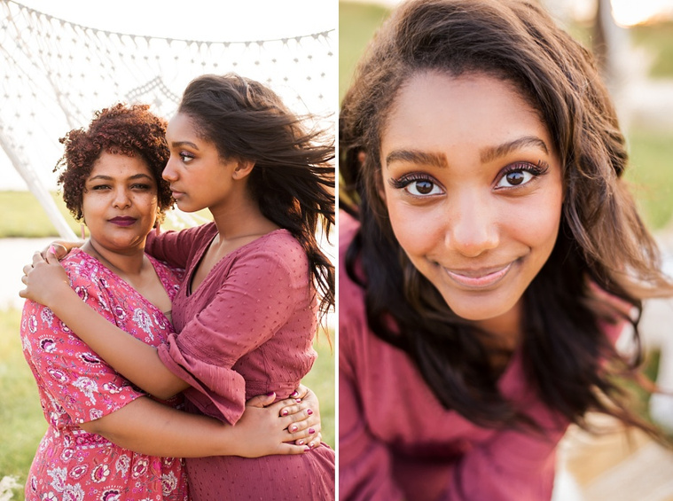 A mom and teen daughter dressed in boho style pose in front of boho decorations and a field and pond in the country in Oklahoma