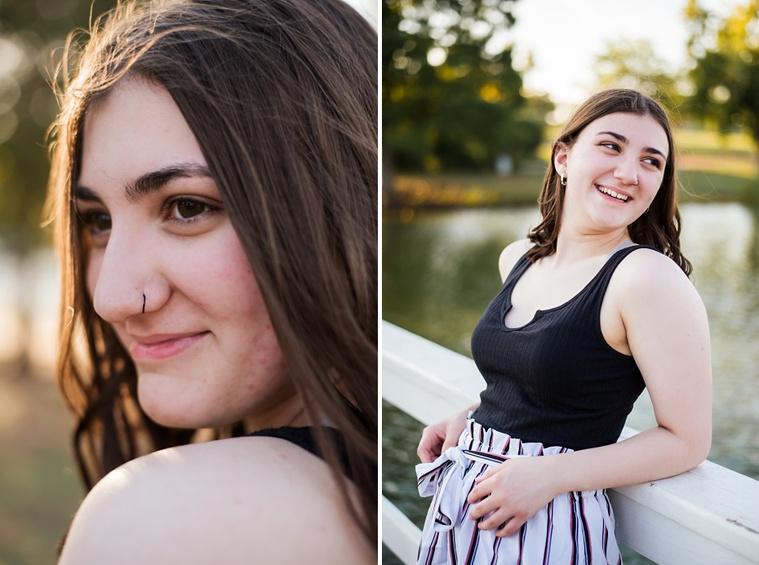 Two photos of A high school senior girl stands and smiles in front of the trees and pond in Shannon Springs Park in Chickasha, Oklahoma 