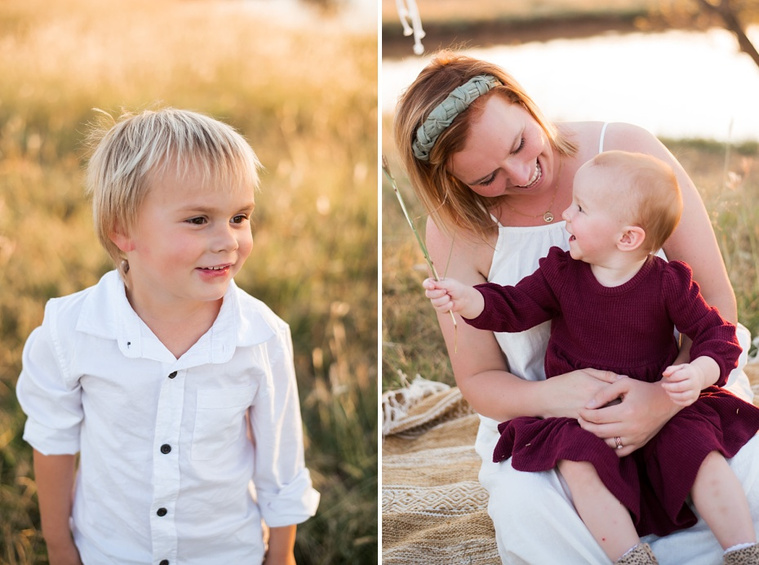 A young boy smiles in a single portrait; a mom smiles down at her toddler daughter in her lap in a field at a family photo session in Tuttle, Oklahoma