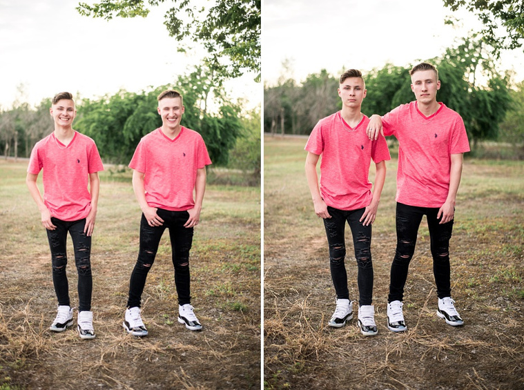 Two pictures side by side of two teen brothers dressed alike and standing near each other in a park in Tuttle Oklahoma