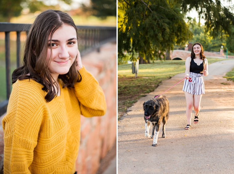 Two photos of A high school senior girl stands and smiles and walks her large dog on the path at Shannon Springs Park in Chickasha, Oklahoma 