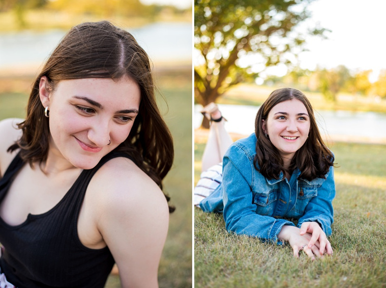 Two photos of A high school senior girl sitting in the grass in front of the trees and pond in Shannon Springs Park in Chickasha, Oklahoma 