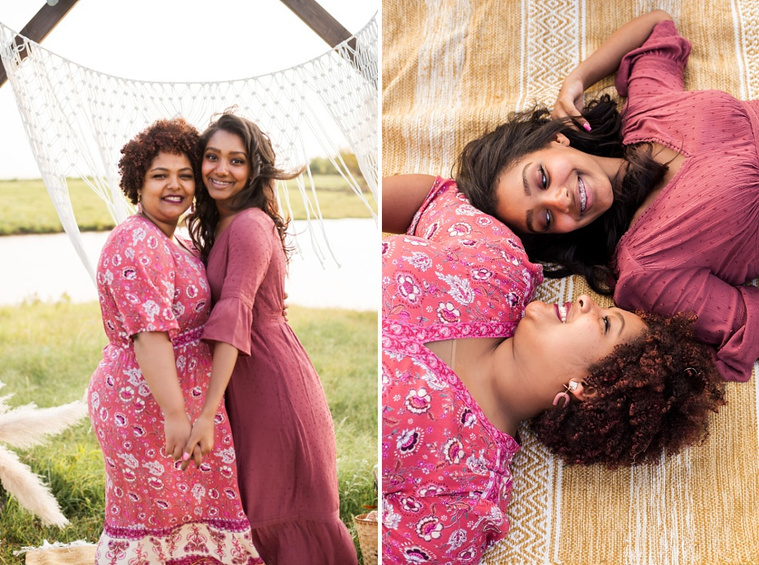 A mom and teen daughter dressed in boho style pose in front of boho decorations and a field and pond in the country in Oklahoma