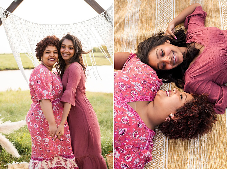 A mom and teen daughter dressed in boho style pose in front of boho decorations and a field and pond in the country in Oklahoma