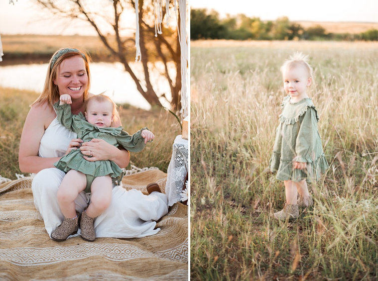 A mother struggles to contain and hold her toddler daughter laughing; The daughter stands in a field alone at a family photo session in Tuttle, Oklahoma