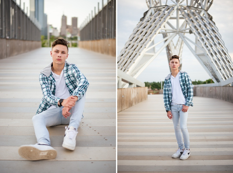 Headshots and portraits of a teen boy in downtown Oklahoma City. Scissortail Park and Parking Garage Rooftop with OKC skyline in background.
