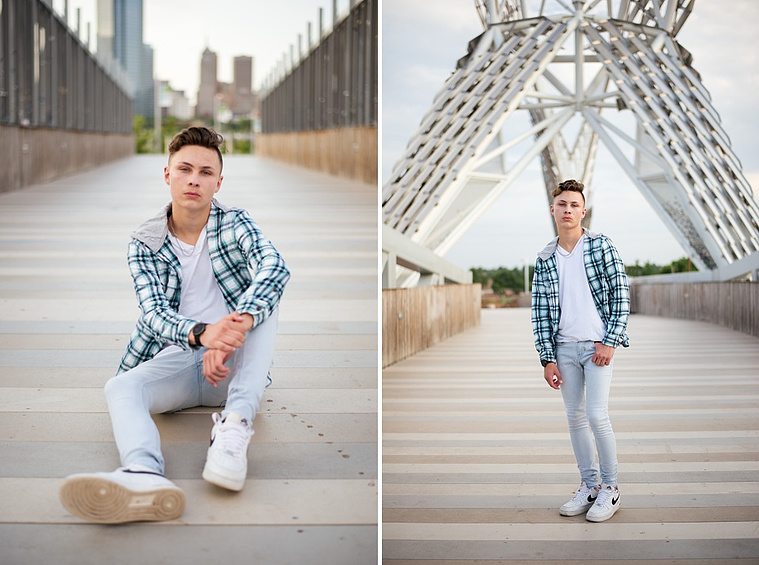 Headshots and portraits of a teen boy in downtown Oklahoma City. Scissortail Park and Parking Garage Rooftop with OKC skyline in background.