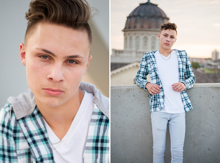 Headshots and portraits of a teen boy in downtown Oklahoma City. Scissortail Park and Parking Garage Rooftop with OKC skyline in background.