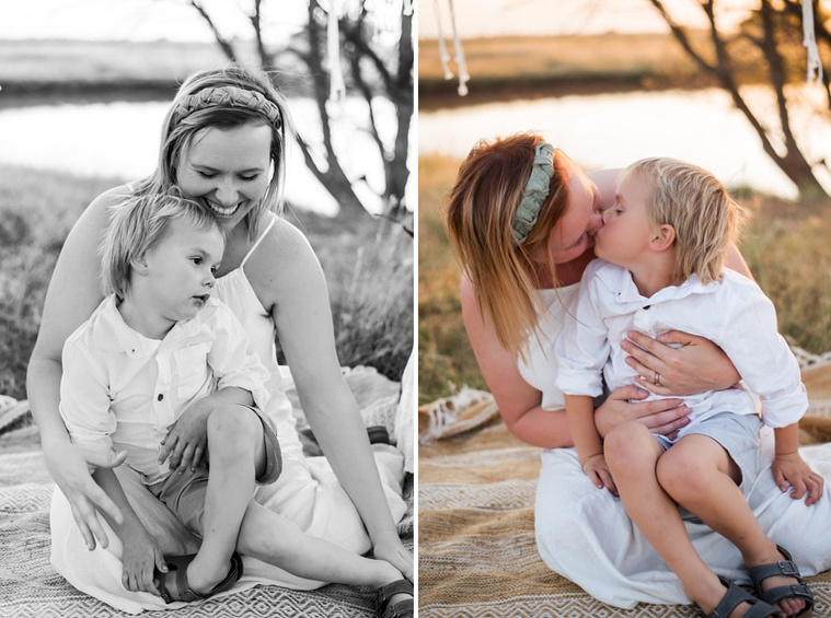 black and white image of a mom holding her young son in her lap sitting on the ground and cuddling; color image of same mom and son kissing each other on the lips in a field at a family photo session in Tuttle, Oklahoma