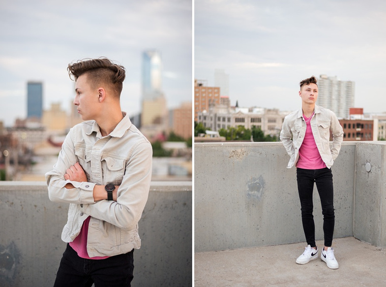 Headshots and portraits of a teen boy in downtown Oklahoma City. Scissortail Park and Parking Garage Rooftop with OKC skyline in background.