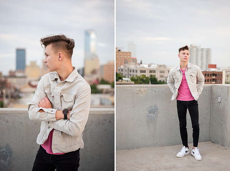 Headshots and portraits of a teen boy in downtown Oklahoma City. Scissortail Park and Parking Garage Rooftop with OKC skyline in background.