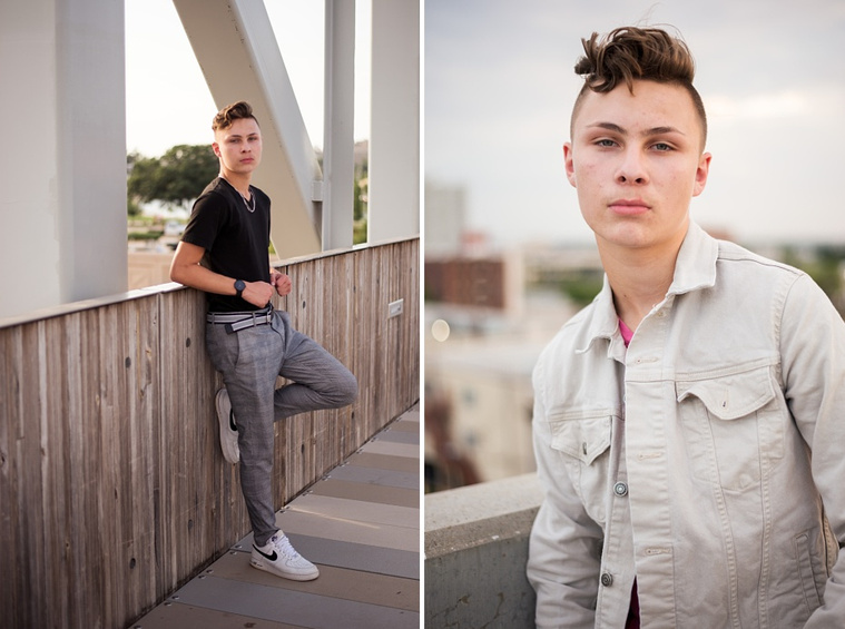 Headshots and portraits of a teen boy in downtown Oklahoma City. Scissortail Park and Parking Garage Rooftop with OKC skyline in background.