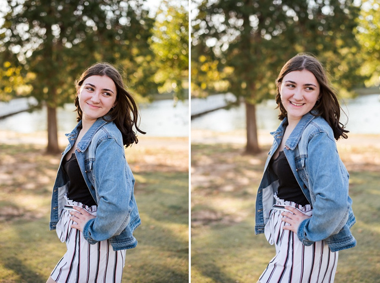 Two photos of A high school senior girl stands and smiles in front of the trees and pond in Shannon Springs Park in Chickasha, Oklahoma 