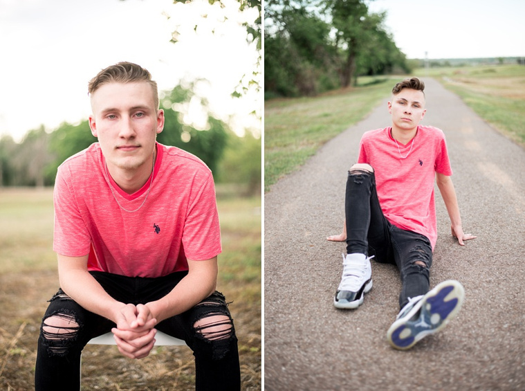 Two teen brothers dressed alike in red shirts and black jeans pose individually in a park in Tuttle Oklahoma