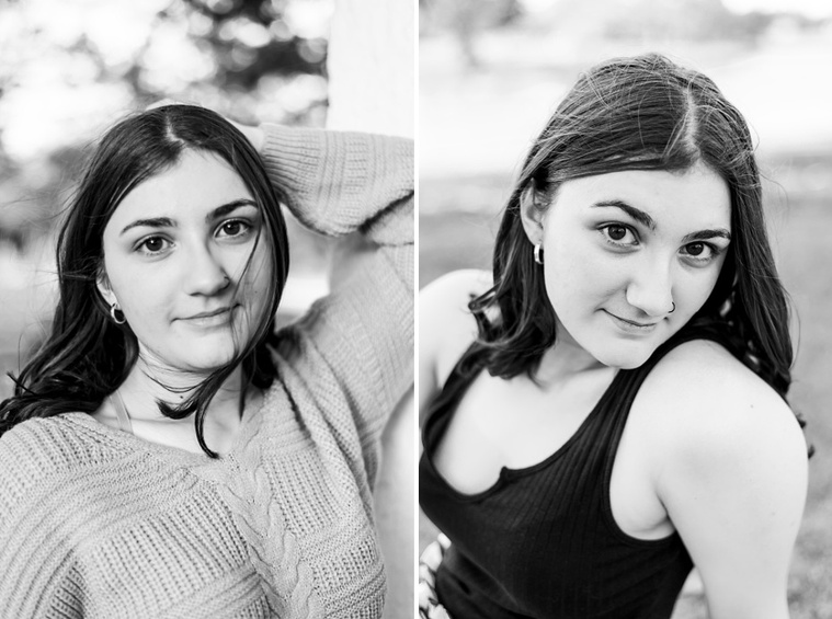 Two black and white close up portraits of A high school senior girl at Shannon Springs Park in Chickasha, Oklahoma 