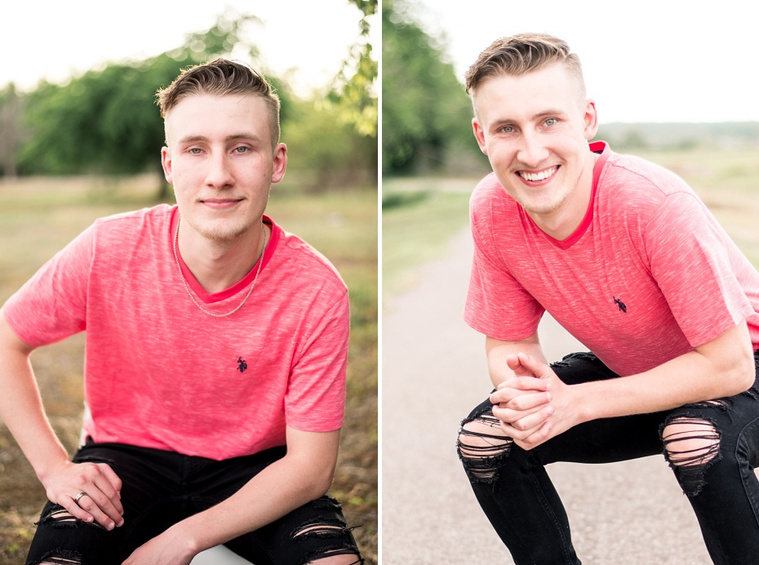 Two individual pictures of a teen boy posing casually in park in Tuttle Oklahoma