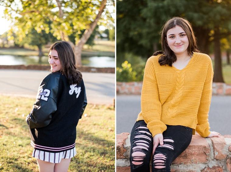 Two photos of A high school senior girl in a letterman jacket stands and smiles in front of the trees and pond in Shannon Springs Park in Chickasha, Oklahoma 