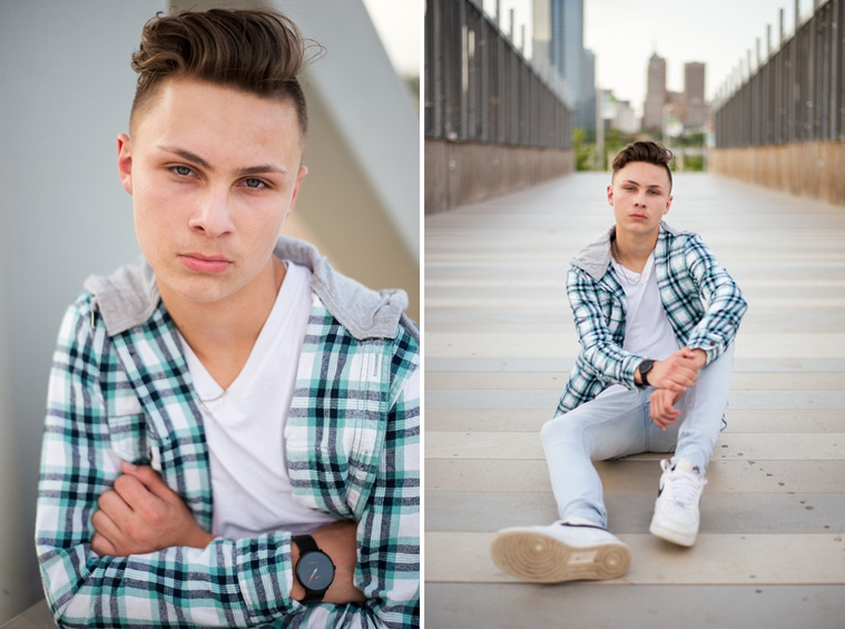 Headshots and portraits of a teen boy in downtown Oklahoma City. Scissortail Park and Parking Garage Rooftop with OKC skyline in background.