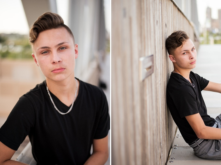 Headshots and portraits of a teen boy in downtown Oklahoma City. Scissortail Park and Parking Garage Rooftop with OKC skyline in background.