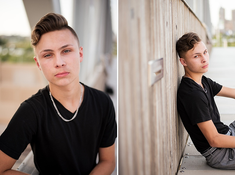 Headshots and portraits of a teen boy in downtown Oklahoma City. Scissortail Park and Parking Garage Rooftop with OKC skyline in background.