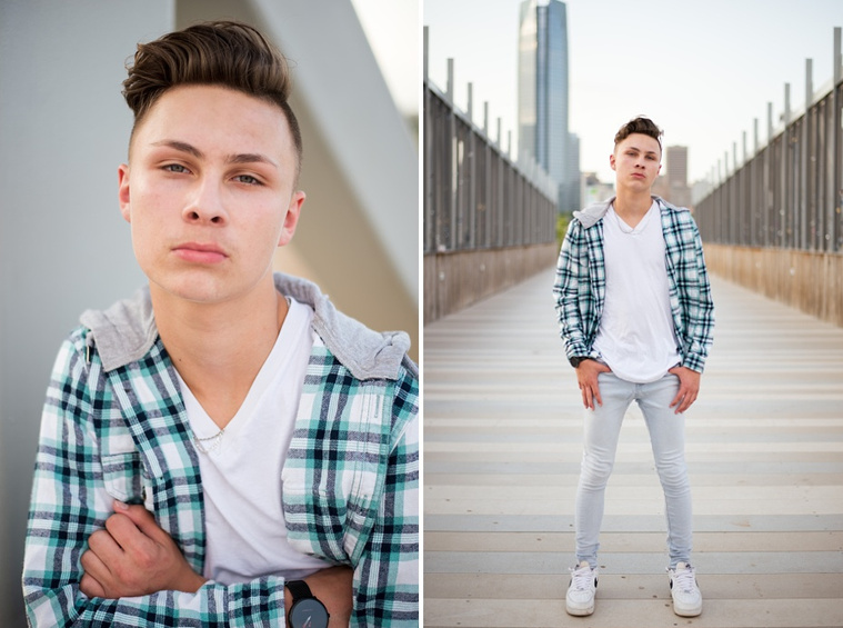Headshots and portraits of a teen boy in downtown Oklahoma City. Scissortail Park and Parking Garage Rooftop with OKC skyline in background.