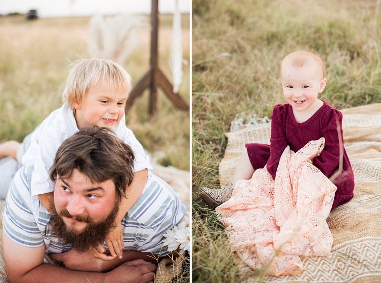 A son plays on his father's back, another picture on side of a toddler girl playing with lace fabric in a field at a family photo session in Tuttle, Oklahoma