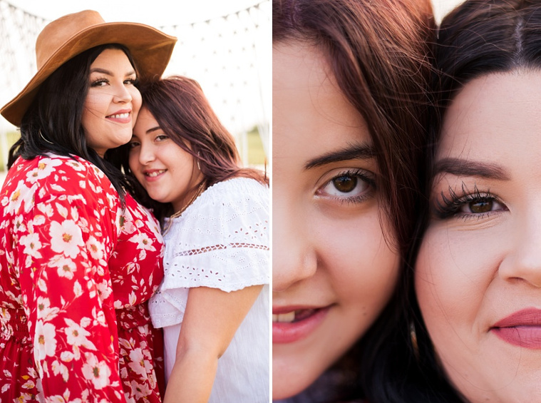 A mom and teen daughter dressed in boho style pose in front of boho decorations and a field and pond in the country in Oklahoma