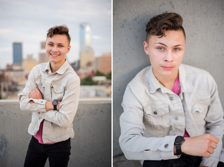 Headshots and portraits of a teen boy in downtown Oklahoma City. Scissortail Park and Parking Garage Rooftop with OKC skyline in background.