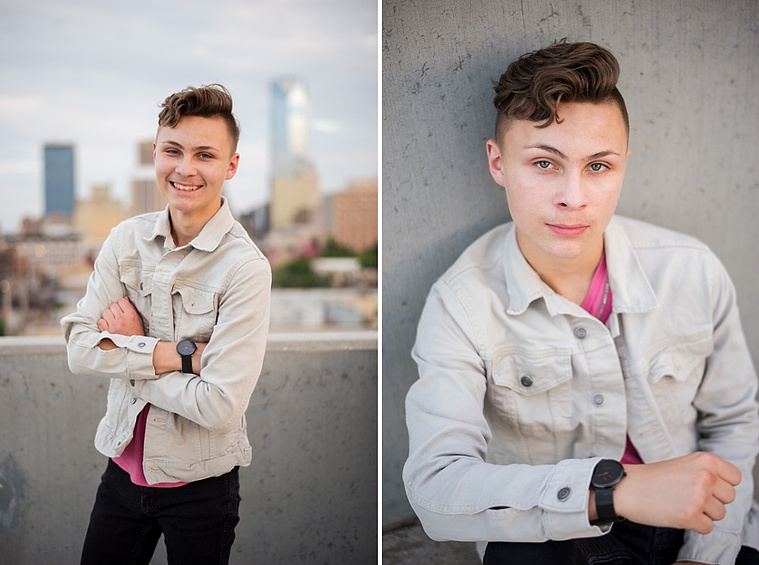 Headshots and portraits of a teen boy in downtown Oklahoma City. Scissortail Park and Parking Garage Rooftop with OKC skyline in background.
