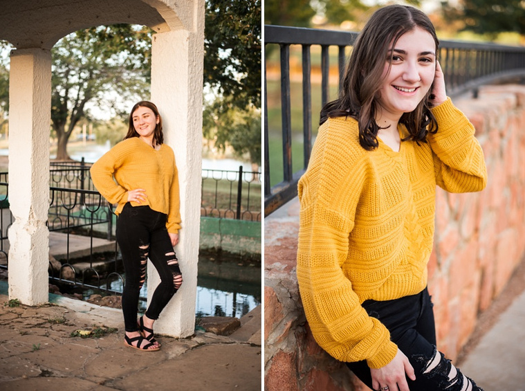 Two photos of A high school senior girl stands and smiles in front of an old structure and on a stone bridge at Shannon Springs Park in Chickasha, Oklahoma 