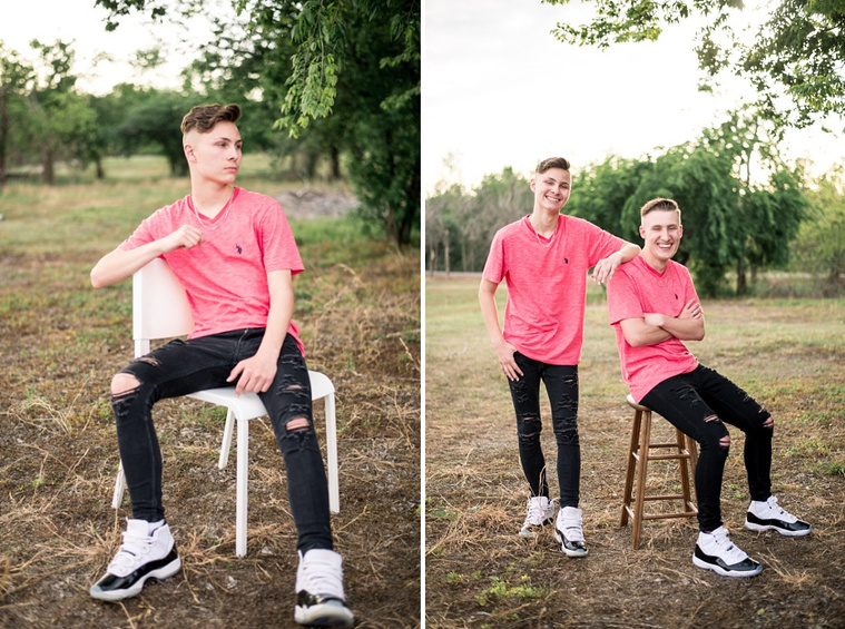 Two individual pictures of two teen brothers posing casually in park in Tuttle Oklahoma