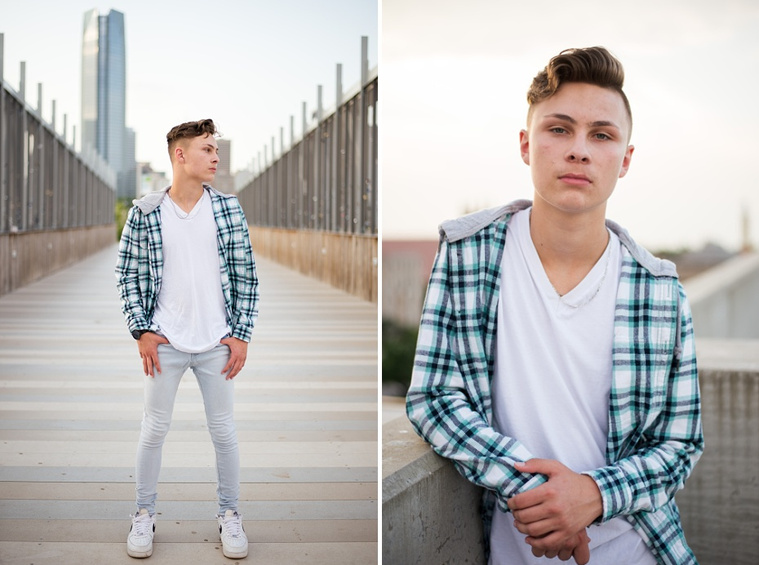 Headshots and portraits of a teen boy in downtown Oklahoma City. Scissortail Park and Parking Garage Rooftop with OKC skyline in background.