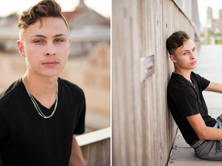 Headshots and portraits of a teen boy in downtown Oklahoma City. Scissortail Park and Parking Garage Rooftop with OKC skyline in background.