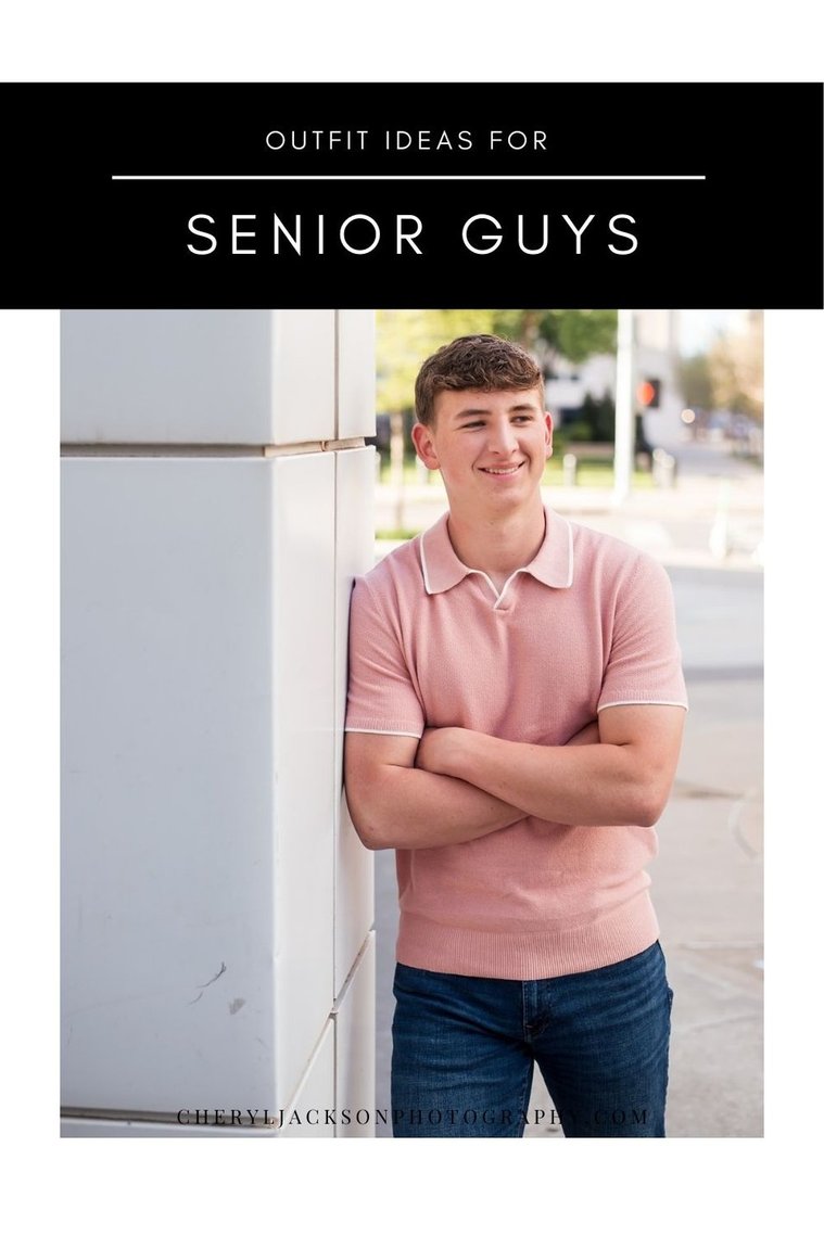 graphic that says outfit ideas for senior guys with a photo of a senior boy wearing a peach polo top and jeans