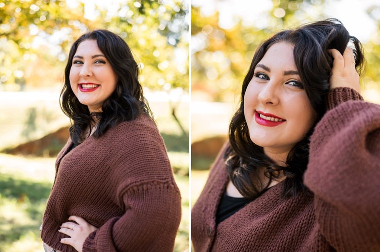 Two vertical images side by side  of professional photos of a senior girl standing in the grass and smiling with colorful fall trees behind her at Will Rogers Gardens in Oklahoma City, Oklahoma