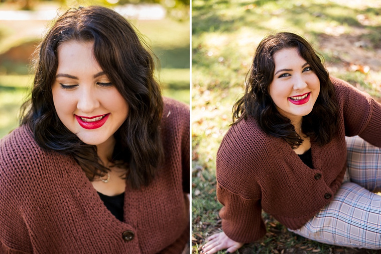 Two vertical images side by side  of professional photos of a senior girl sitting in the grass and laughing with colorful fall trees behind her at Will Rogers Gardens in Oklahoma City, Oklahoma