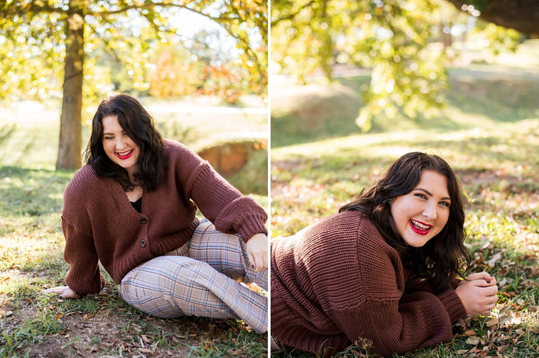 Two vertical images side by side  of professional photos of a senior girl sitting in the grass and laughing with colorful fall trees behind her at Will Rogers Gardens in Oklahoma City, Oklahoma