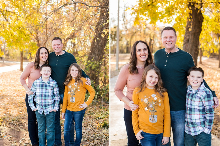 two side by side family pictures of a mom, dad and boy and girl children standing in front of a tree with golden leaves in the fall in oklahoma at a photo session
