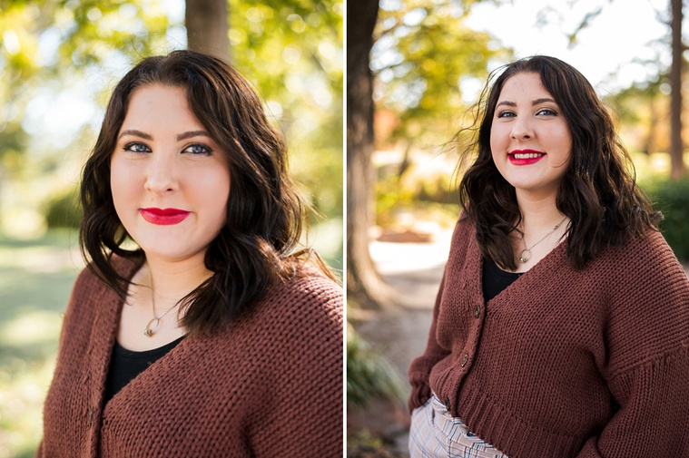 Two vertical images side by side  of professional photos of a senior girl standing in the grass and smiling with colorful fall trees behind her at Will Rogers Gardens in Oklahoma City, Oklahoma