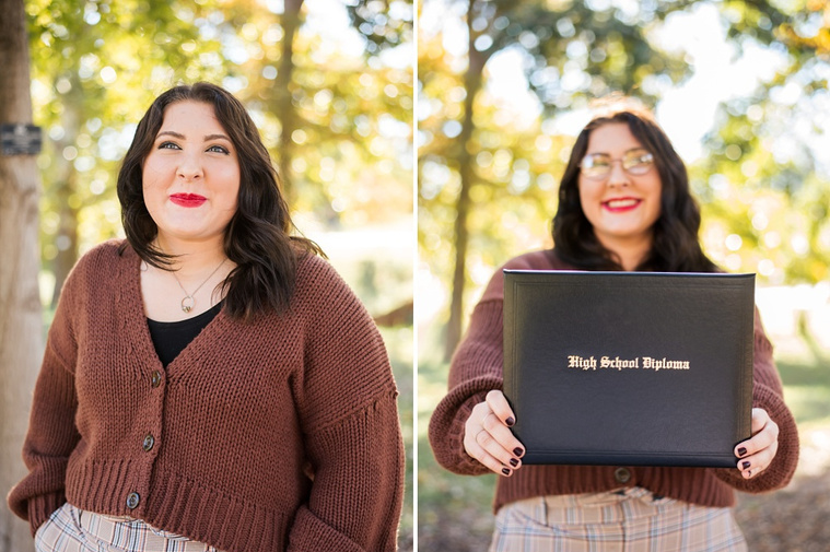 Two vertical images side by side  of professional photos of a senior girl standing in the grass with her hands in her pockets and the other of her holding her diploma with colorful fall trees behind her at Will Rogers Gardens in Oklahoma City, Oklahoma