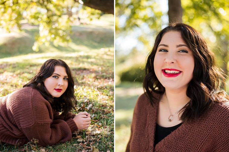 Two vertical images side by side  of professional photos of a senior girl sitting in the grass and a close up portrait of her  smiling with colorful fall trees behind her at Will Rogers Gardens in Oklahoma City, Oklahoma