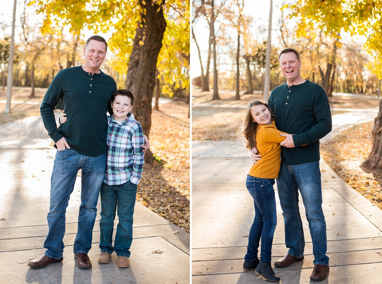 side by side photos: a dad with his young son, standing side by side and smiling, the other the same dad with his young daughter, hugging her around the waist at a park in Moore, Oklahoma at a family photo session