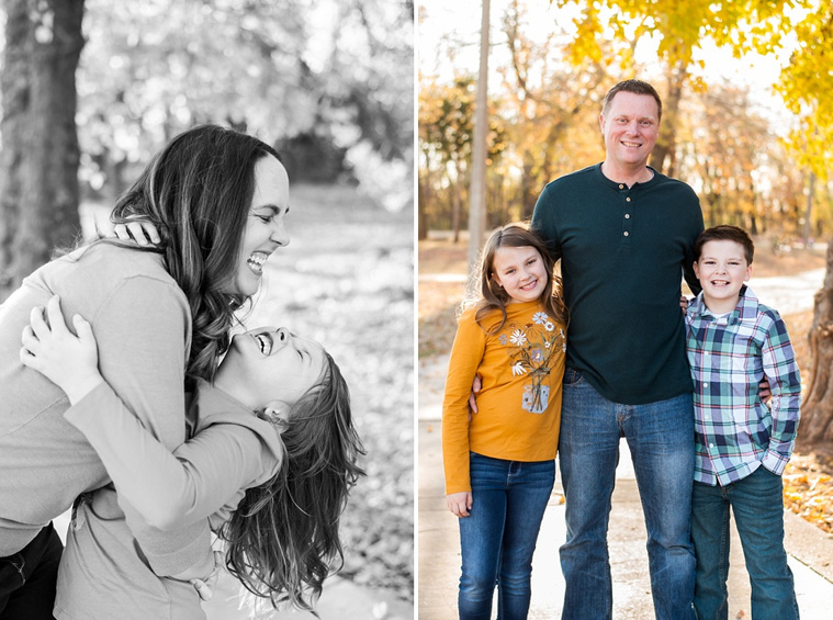 side by side images: a black and white photo of a mom and daughter hugging and laughing; a dad stands with his son and daughter on either side and smiles for a portrait at a family photo session in the fall in moore, oklahoma