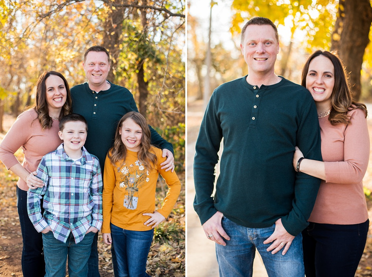 side by side images: a family of four stand together in front of fall color, the mom and dad stand together and smile. Both at a family photo session in moore, Oklahoma