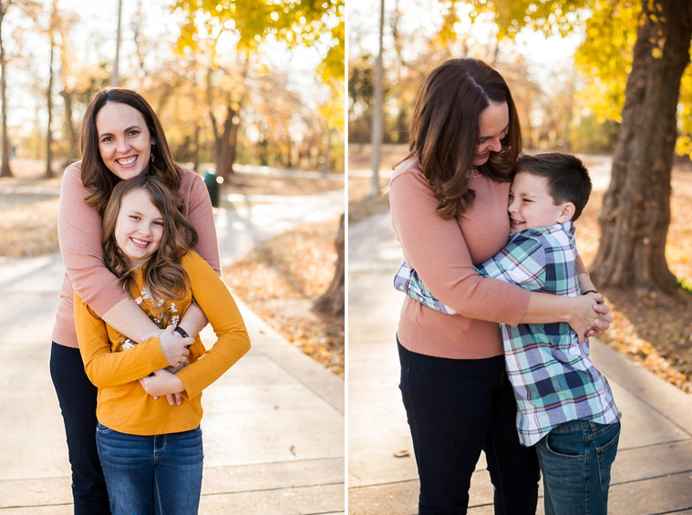 side by side photos: a mom with her young daughter hugging her around her neck, the other the same mom with her young son, hugging him around the waist at a park in Moore, Oklahoma at a family photo session