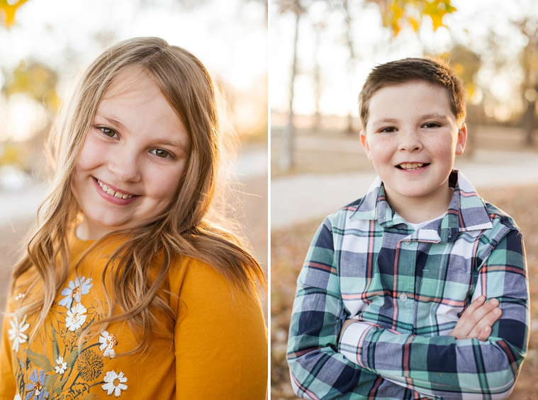 side by side images: one is a head and shoulders portrait of a young girl smiling, the other is a head and shoulders portrait of a young boy with his arms crossed and smiling at a family photo session at a park in Moore, Oklahoma.