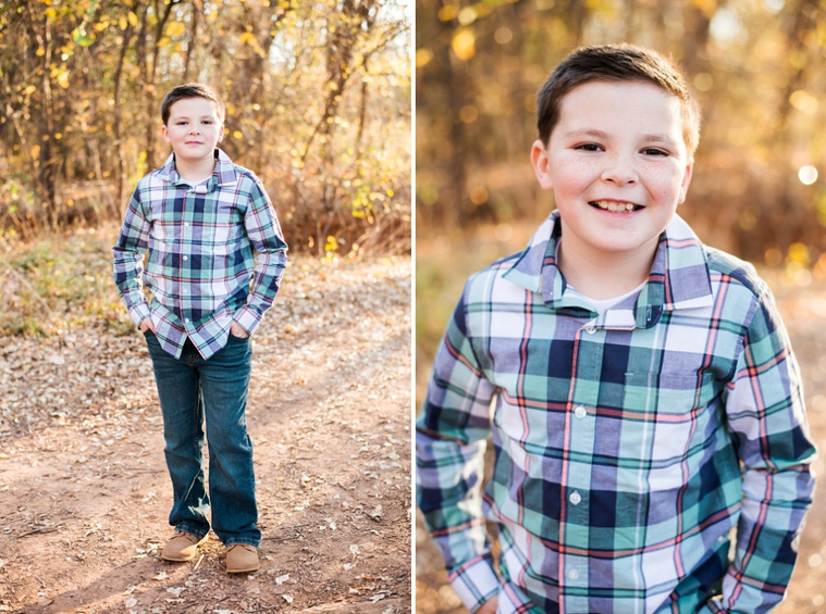 two images side by side of a young boy  standing on a path in the woods with golden light behind him at a photo session in oklahoma
