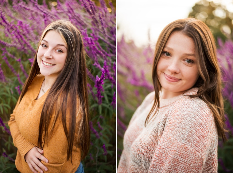 Two images side by side. Two different teen girls stand in front of purple flowers and smile at Will Rogers Gardens in Oklahoma City, Oklahoma
