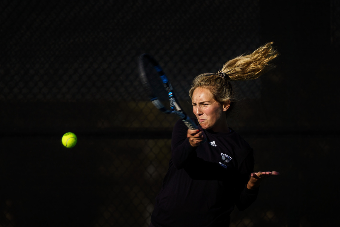 Lourdes’ Sydney Elliott serves the ball during a No. 1 doublers match against Stewartville on Tuesday, October 13, 2020, in Rochester. 