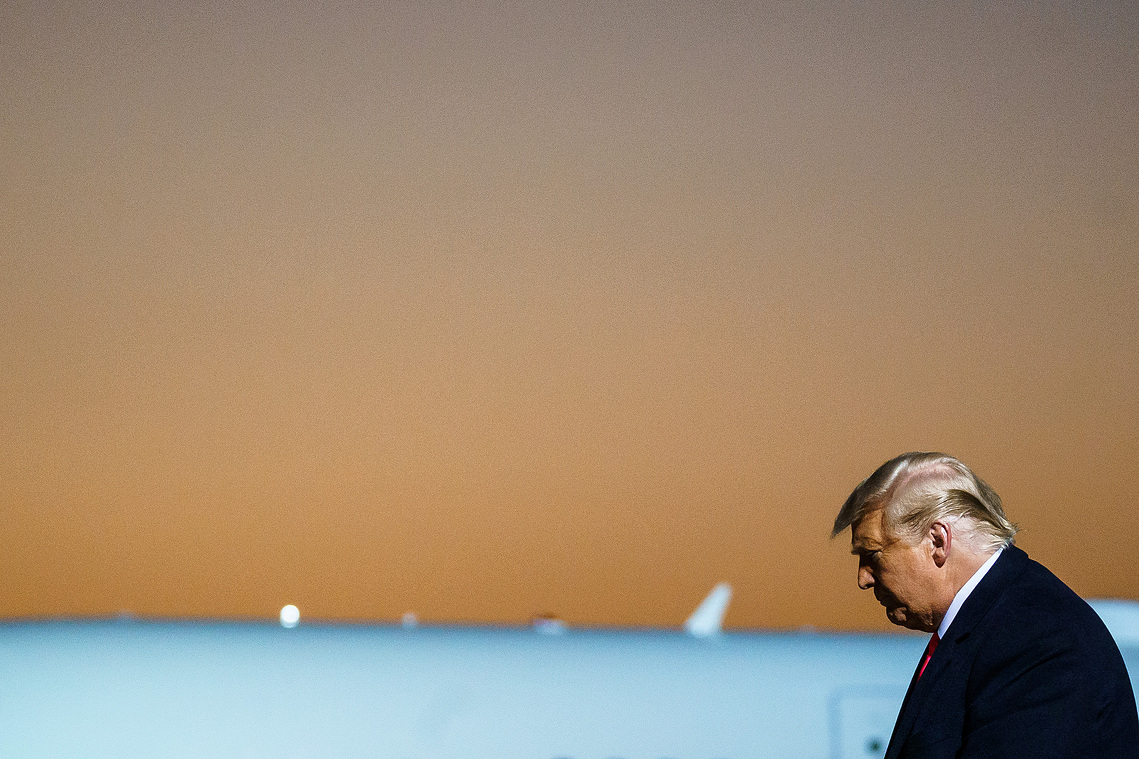 President Donald Trump departs after speaking at a “Make America Great Again” rally on Friday, October 30, 2020, at Rochester International Airport in Rochester, Minnesota. 